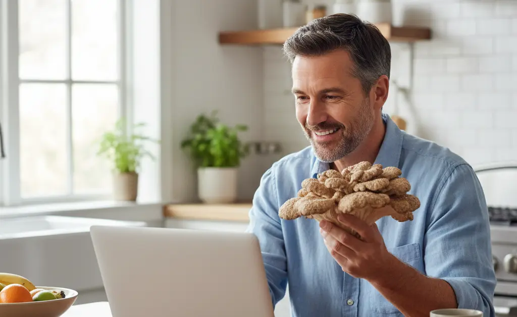 A healthy, middle-aged man thoughtfully holding a fresh maitake mushroom cluster while researching maitake mushroom benefits for men on his laptop.