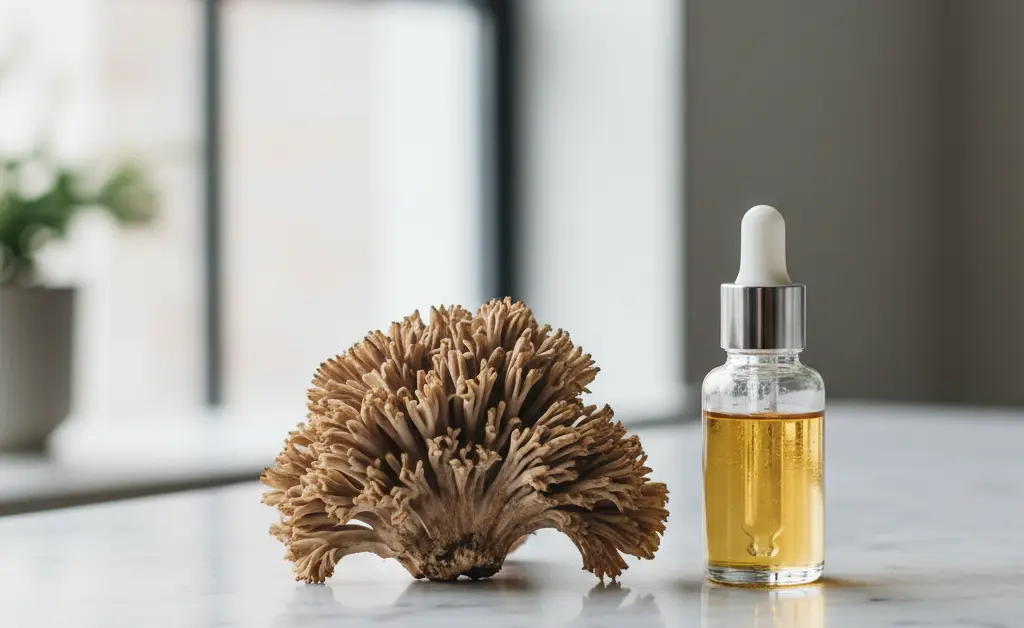 A fresh maitake mushroom cluster placed beside a glass dropper bottle on a clean surface, illustrating the maitake mushroom benefits for skin.