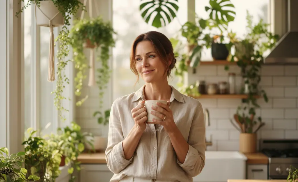 A healthy, smiling woman in a sunlit kitchen enjoys a warm drink, illustrating the holistic maitake mushroom benefits for women.
