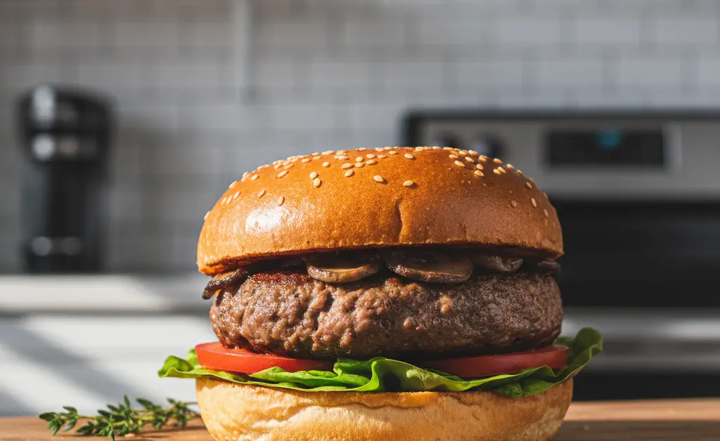 A gourmet maitake mushroom burger is served on a toasted brioche bun with fresh lettuce and a slice of tomato.