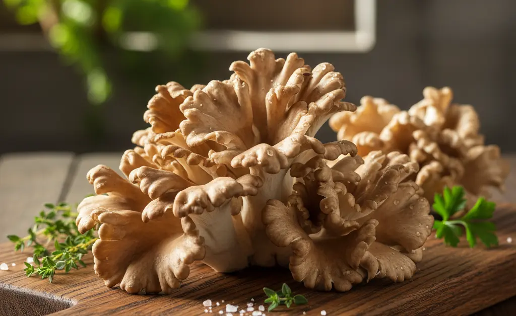 A vibrant, freshly harvested maitake mushroom resting on a rustic wooden board, showcasing the natural beauty related to maitake mushroom calories.