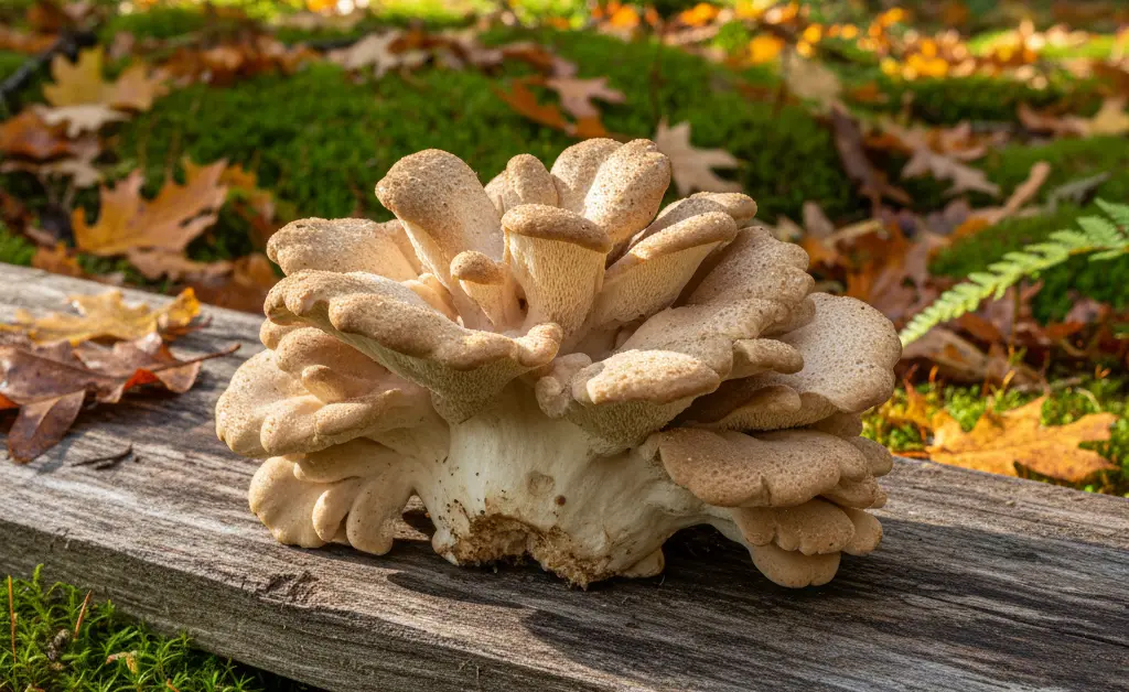 A freshly harvested maitake mushroom canada cluster rests on a rustic wooden board with a misty Canadian forest in the background.