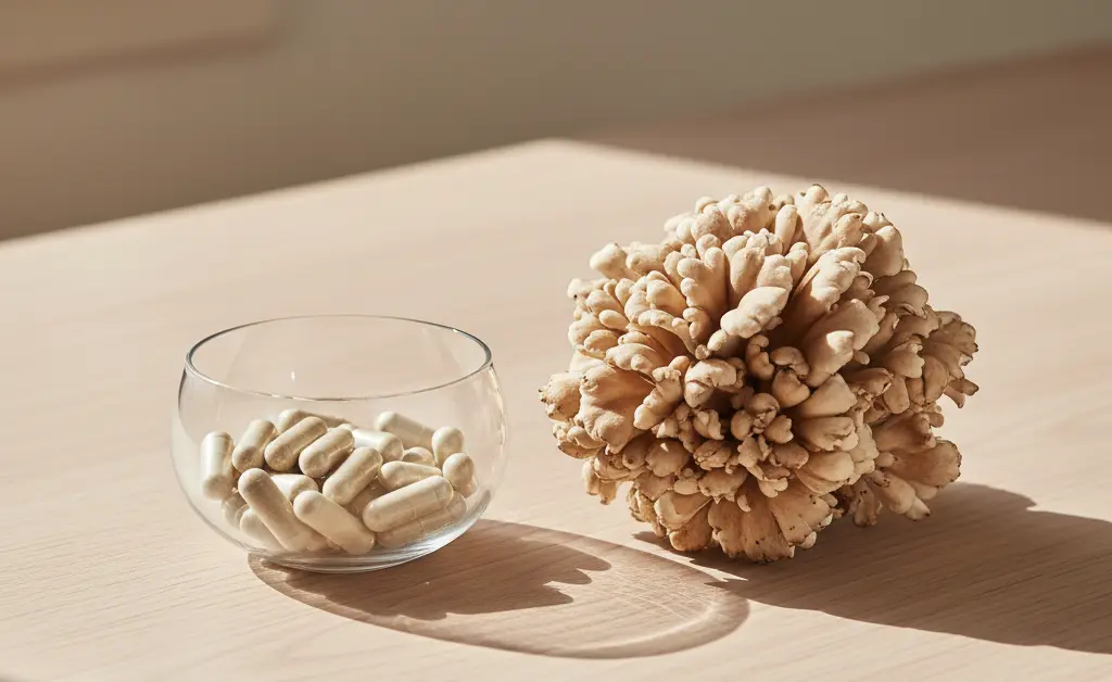 A clear glass bowl of capsules placed next to a fresh maitake mushroom on a wooden surface, illustrating the maitake mushroom capsules benefits.