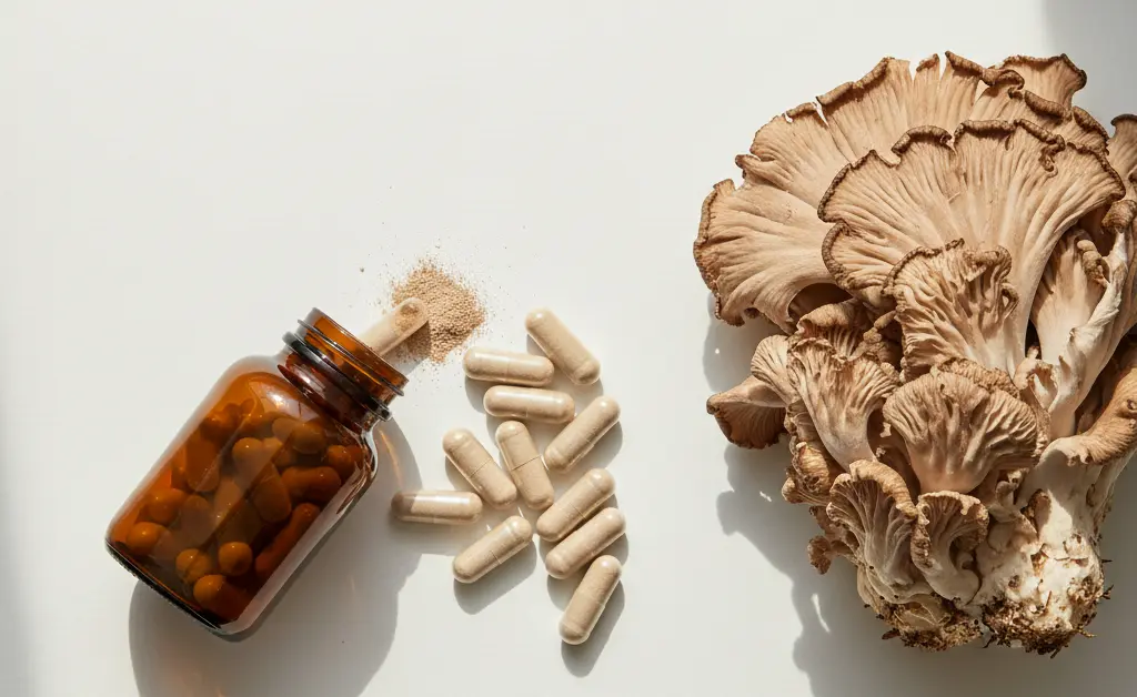 An amber glass bottle of maitake mushroom capsules sits on a minimalist light wood surface next to a fresh, whole maitake mushroom.