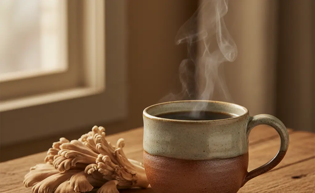 A warm, steaming ceramic mug of maitake mushroom coffee is presented on a rustic wooden surface next to whole maitake mushrooms.