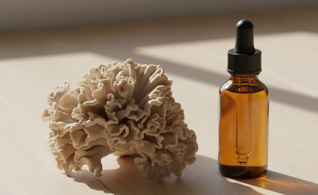 A fresh maitake mushroom cluster rests beside a clear dropper bottle filled with maitake mushroom d fraction extract on a clean white surface.