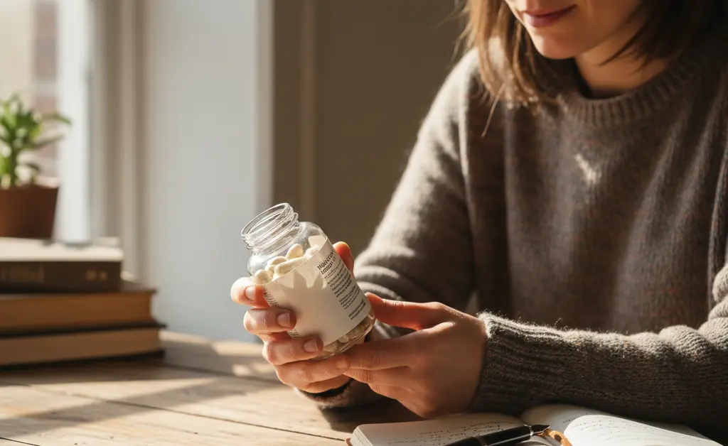 A person thoughtfully reads a supplement label to determine their maitake mushroom dosage in a bright, clean kitchen.