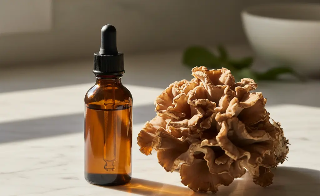 A clear dropper bottle of maitake mushroom drops is arranged next to a fresh, whole maitake mushroom on a clean white surface.