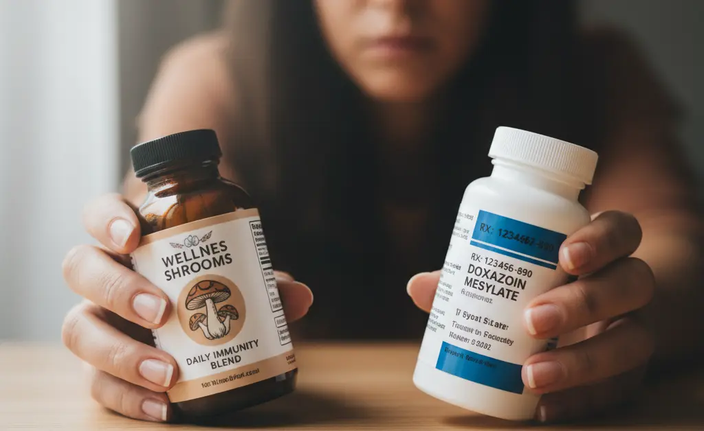 A concerned person carefully examines a mushroom supplement bottle and a prescription pill bottle, considering the potential for maitake mushroom drug interactions.