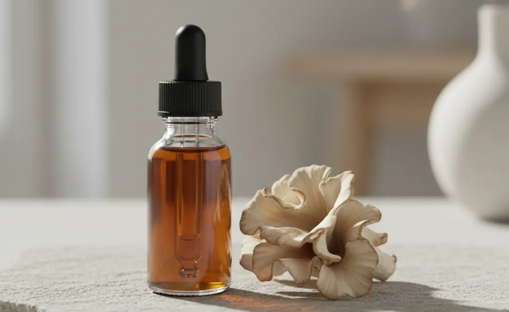 A clear glass dropper bottle filled with a golden liquid sits next to a fresh Maitake mushroom cluster, illustrating the various maitake mushroom extract benefits.
