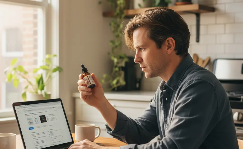 A person researches online information about potential maitake mushroom extract side effects while holding a dropper bottle in a bright kitchen.