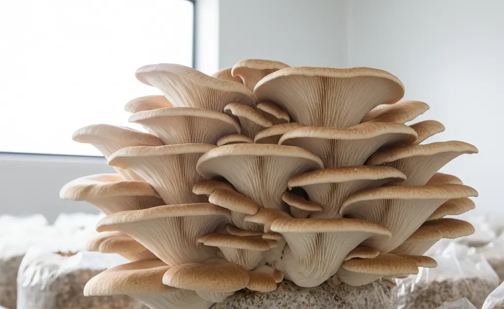 A close-up view of a lush cluster of cultivated mushrooms showcases the successful results of maitake mushroom farming.
