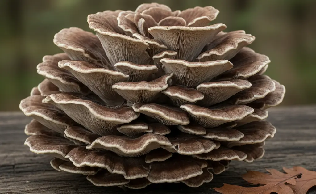 A beautiful, fresh Maitake Mushroom cluster with its intricate, fan-like fronds rests on a rustic wooden board.