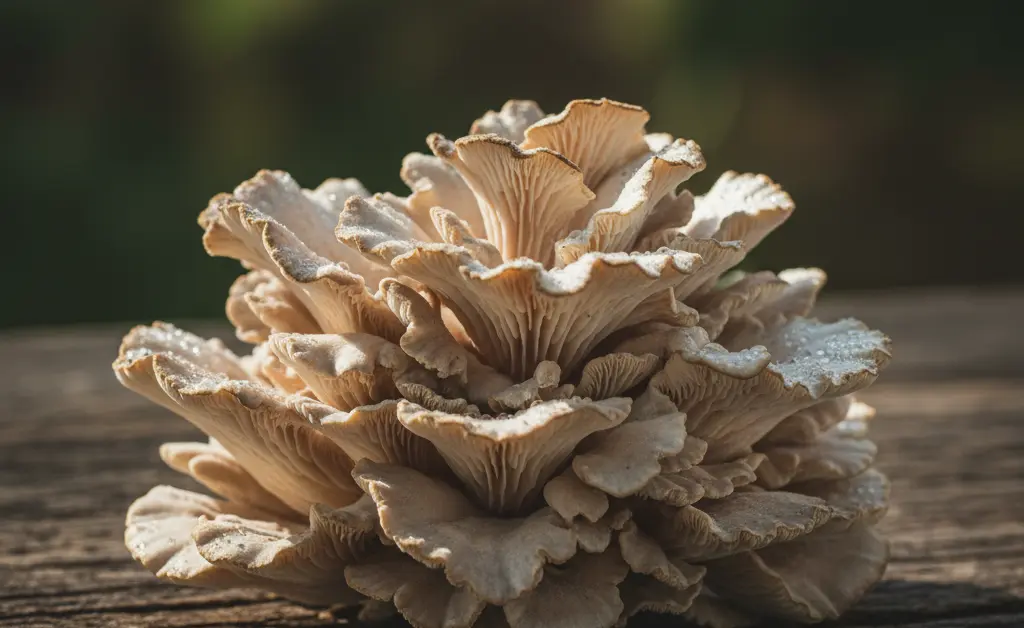 A large, freshly harvested Maitake Mushroom sits on a rustic wooden table, showcasing its unique, fan-shaped fronds.
