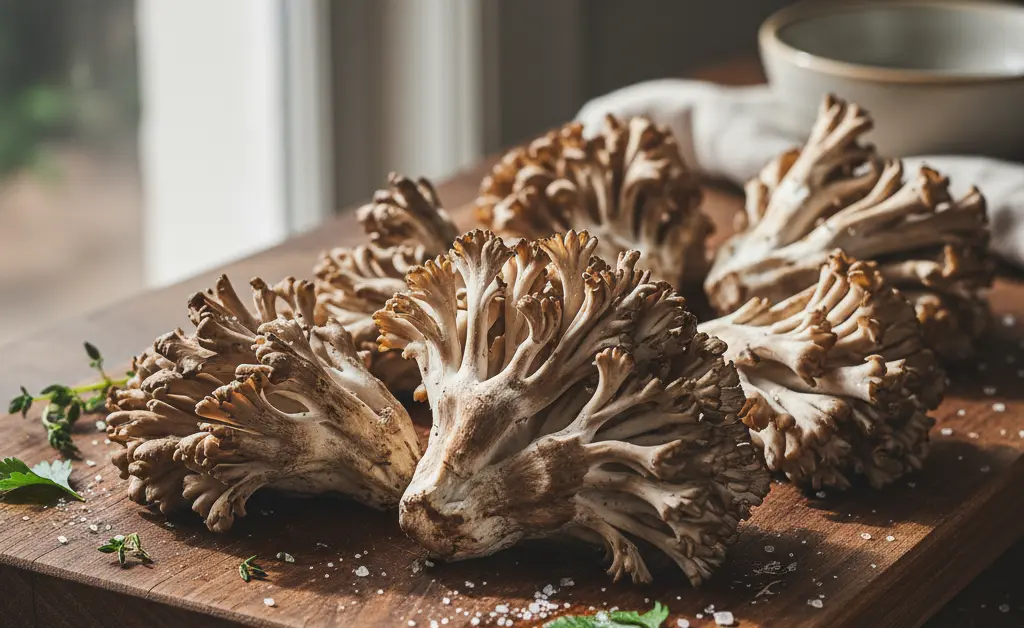 A close-up, overhead view showcases fresh maitake mushroom slices on a rustic wooden board, illustrating the maitake mushroom fodmap discussion.