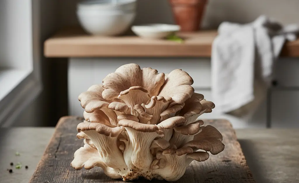 A beautiful cluster of fresh Grifola frondosa on a rustic wooden board, representing the topic of maitake mushroom for blood pressure.