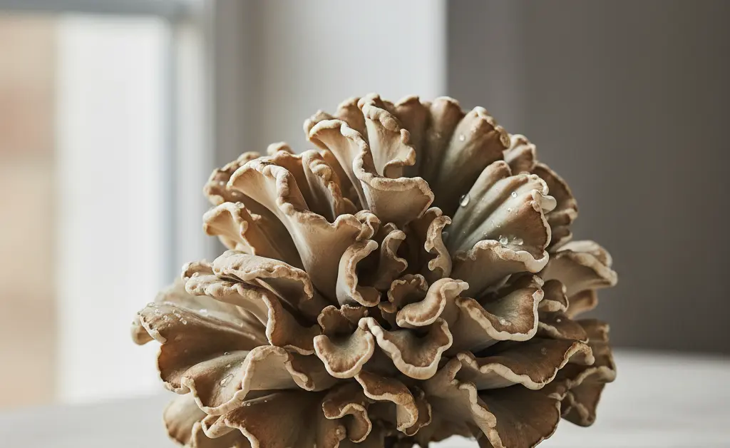 A beautiful cluster of raw Grifola frondosa on a clean surface, illustrating the potential use of maitake mushroom for blood sugar support.