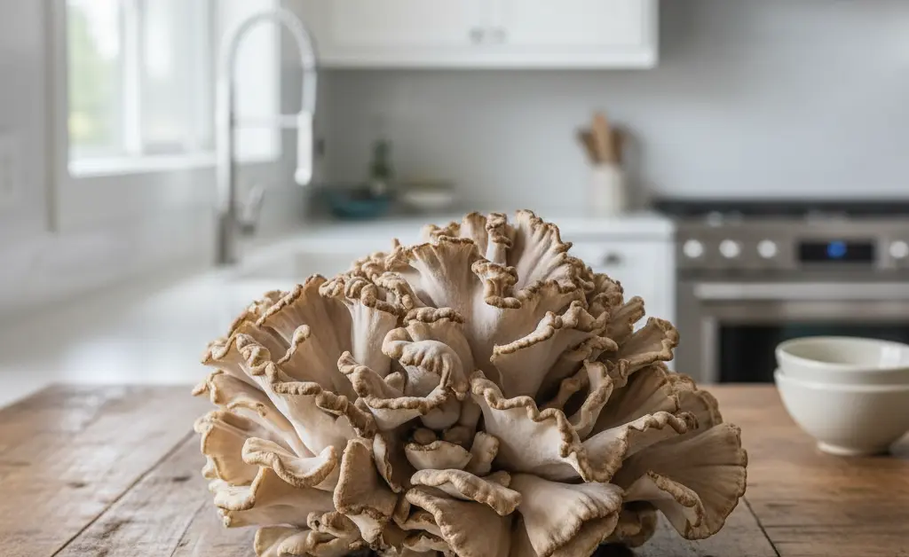 A beautiful cluster of fresh maitake mushrooms on a rustic wooden table, illustrating the health topic of maitake mushroom for cholesterol.