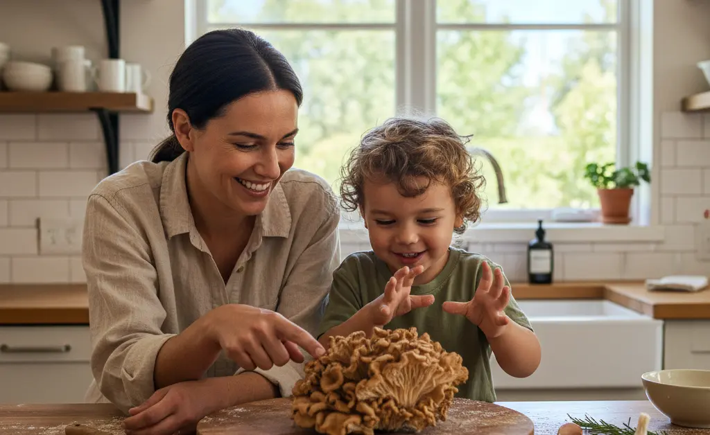 A parent and child smile while preparing a healthy family meal that includes maitake mushroom for kids in a bright, modern kitchen.