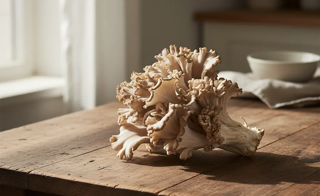 A beautiful cluster of raw maitake mushrooms on a rustic wooden table highlights the topic of maitake mushroom for prostate health.