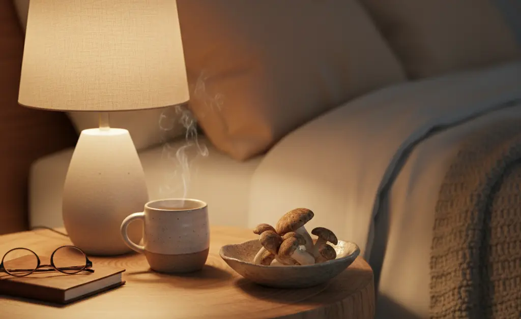 A tranquil bedside table with a warm drink and fresh fungi suggests using maitake mushroom for sleep as part of a calming evening routine.