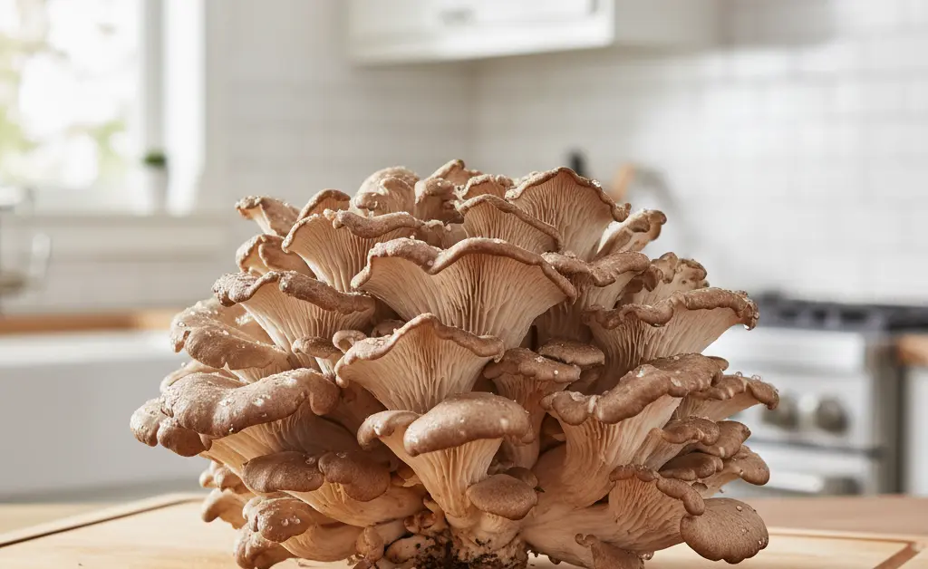 A beautiful cluster of fresh maitake mushrooms on a rustic kitchen counter, illustrating the topic of maitake mushroom for weight loss.