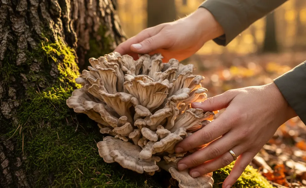 A successful forager carefully examines a large frilly fungus at the base of an oak tree, a key moment in maitake mushroom foraging.