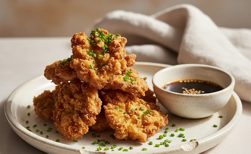 A beautiful plate of crispy, golden-brown maitake mushroom fried chicken is garnished with fresh parsley and served with a dipping sauce.