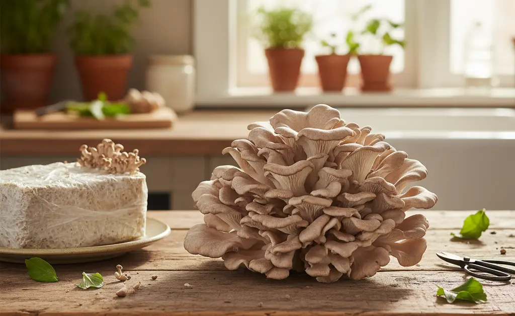 A beautiful cluster of freshly harvested Hen of the Woods mushrooms sits next to the successful maitake mushroom growing kit it came from.