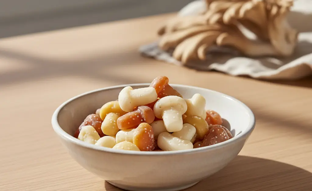 A small white ceramic dish containing several brown maitake mushroom gummies is presented on a minimalist wooden table.