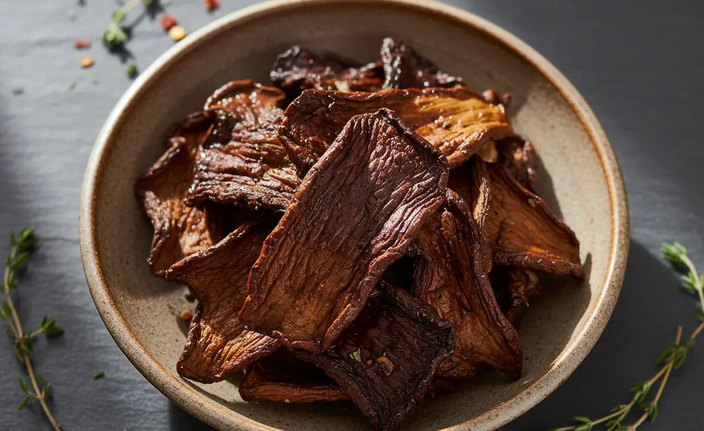 A beautiful arrangement of savory, plant-based snacks made from this homemade maitake mushroom jerky recipe, served in a rustic bowl.