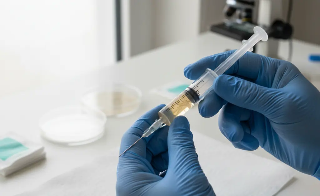 A clear syringe filled with maitake mushroom liquid culture is carefully handled by a cultivator in a clean home environment.