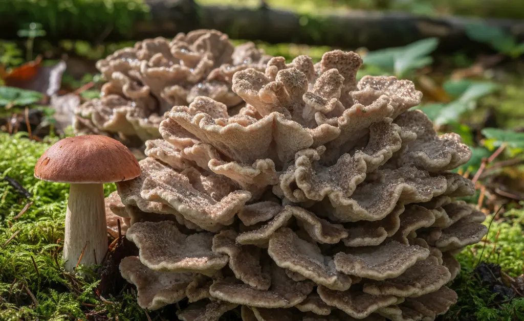 A close-up, detailed photograph showcasing the intricate texture and form of a maitake mushroom alongside a visually similar, but distinct, fungi species, highlighting the subtle differences between a maitake mushroom look alike.