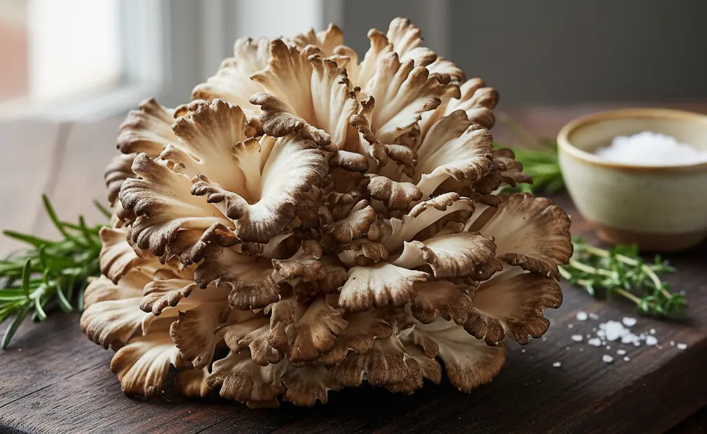 A beautiful cluster of fresh maitake mushrooms on a rustic wooden table, illustrating the topic of maitake mushroom medicinal uses.