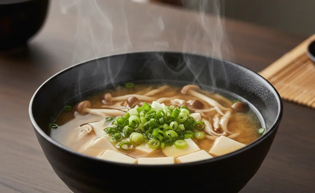 A warm, comforting bowl of maitake mushroom miso soup is presented beautifully in a traditional ceramic bowl, garnished with fresh scallions.