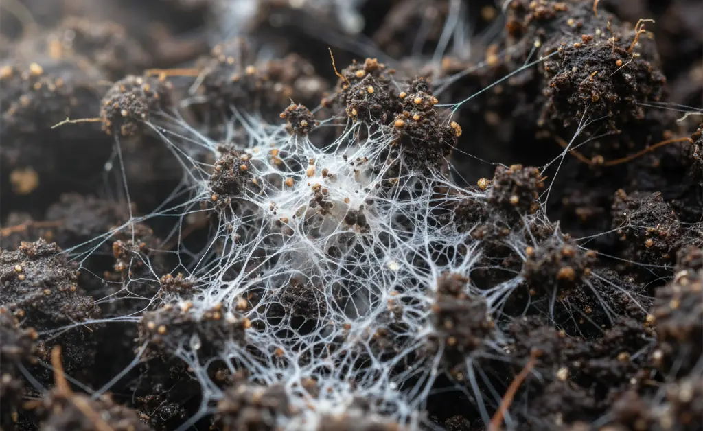Close-up macro view of healthy maitake mushroom mycelium threads spreading through a dark substrate, showcasing its intricate web structure.