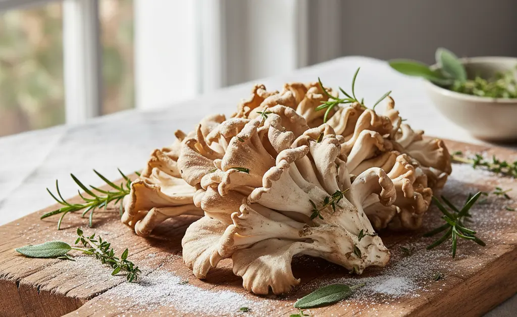 A beautifully arranged plate showcasing fresh maitake mushroom slices, highlighting the maitake mushroom nutrition facts.
