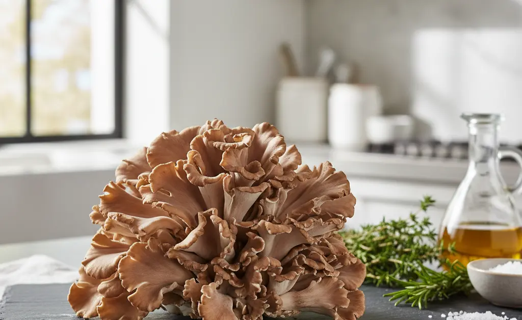 A beautiful cluster of fresh maitake mushrooms on a rustic wooden cutting board, showcasing a successful purchase from a maitake mushroom online supplier.