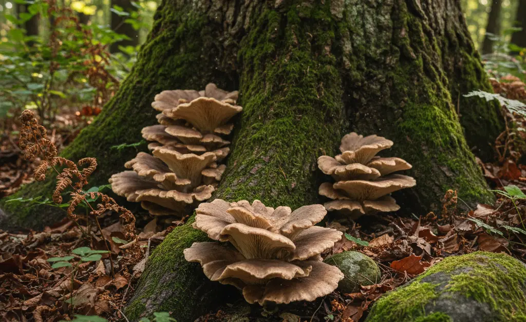 A visually stunning photograph captures the essence of maitake mushroom origin, showcasing lush forest floor with vibrant fungi.