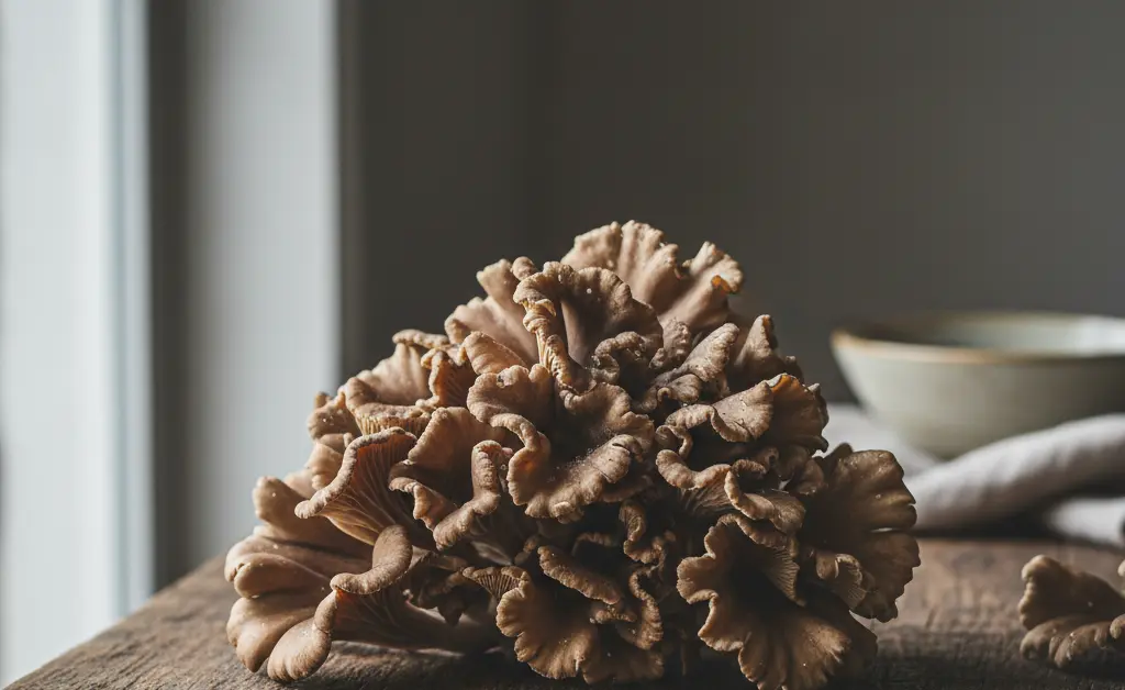A close-up, artfully arranged display showcasing the distinctive frilly clusters of maitake mushroom other names, bathed in soft, natural daylight on a rustic wooden surface.