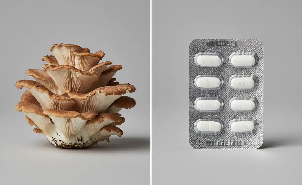 A conceptual image contrasts a fresh maitake mushroom with a clinical blister pack of pills, representing the discussion on maitake mushroom ovulation support.