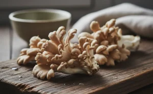 A visually appealing arrangement showcasing the maitake mushroom oxalate content, highlighting fresh maitake mushrooms on a rustic wooden surface with soft natural light.