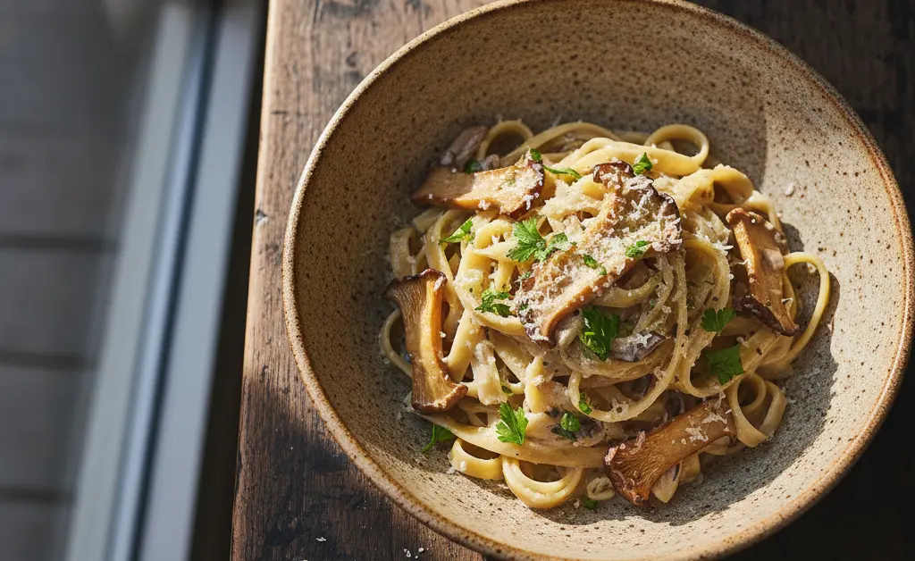 A beautifully presented bowl shows the finished maitake mushroom pasta recipe, garnished with fresh parsley and grated cheese.