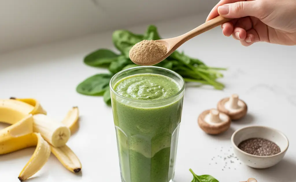 A spoonful of fine, light brown powder is held over a healthy smoothie, showcasing the maitake mushroom powder benefits of adding it to a daily diet.