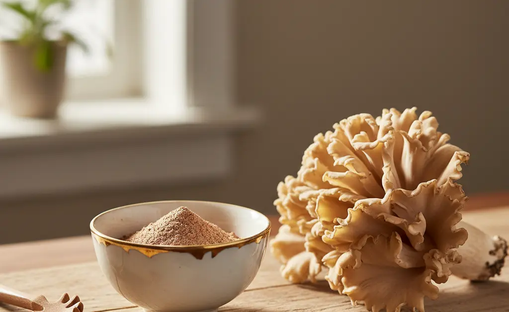 A small white ceramic bowl filled with fine maitake mushroom powder sits on a rustic wooden table next to a cluster of fresh maitake mushrooms.