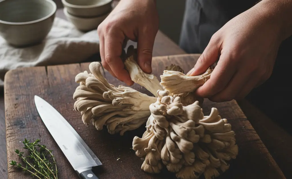 A close-up view of a chef's hands engaged in maitake mushroom preparation on a rustic wooden cutting board in a well-lit kitchen.
