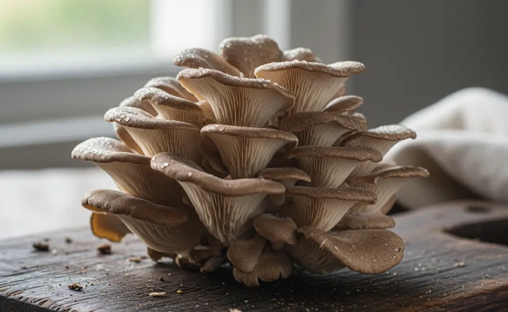 A beautiful cluster of fresh maitake mushrooms on a rustic wooden board, illustrating the natural source of maitake mushroom protein.