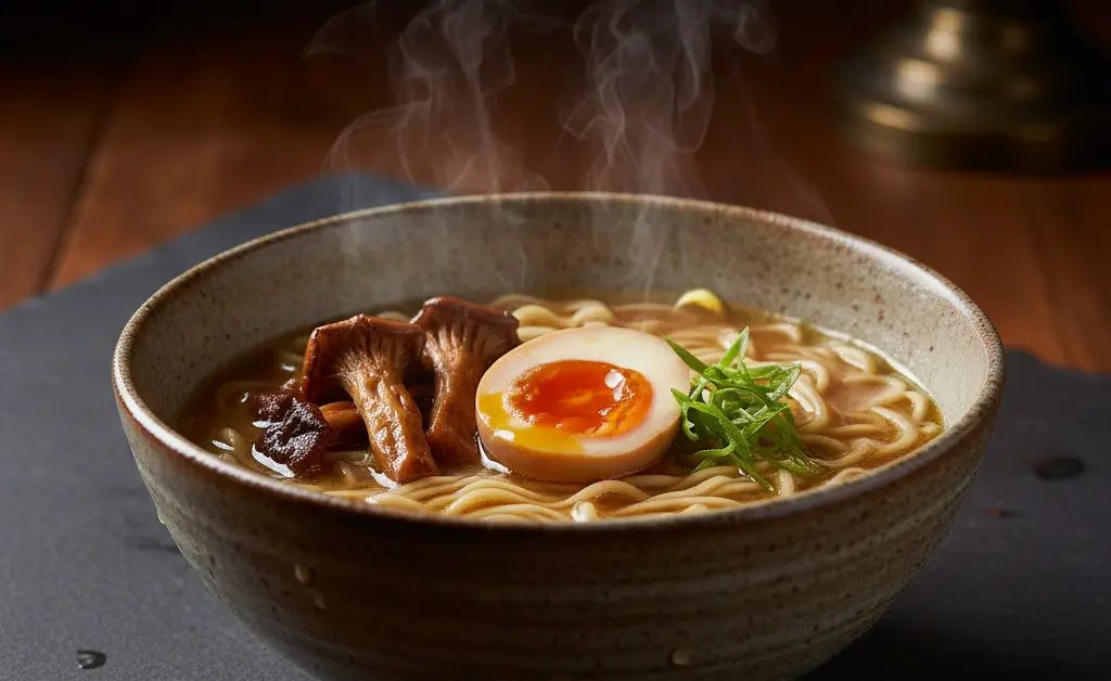 A beautifully prepared, steaming bowl of ramen that showcases the finished maitake mushroom ramen recipe.