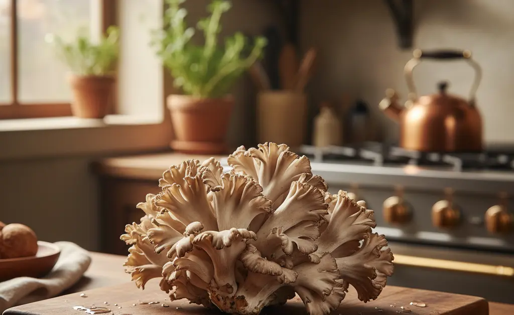 A beautiful, fresh cluster of maitake mushrooms on a rustic wooden cutting board, ready for a variety of Maitake Mushroom recipes.