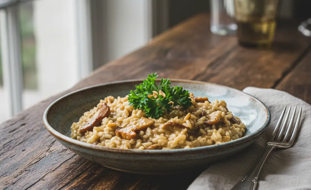 A final, beautifully plated serving of creamy maitake mushroom risotto is garnished with fresh herbs in a rustic bowl.